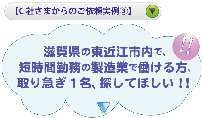 【C社さまからのご依頼実例③】滋賀県の○○市内で、短時間勤務の製造業で働ける方、取り急ぎ１名、探してほしい！！